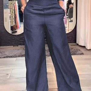 Plain Loose Faux Denim Urban Wide leg Jeans, Jeans, color:Denim Blue|size:XXL, Stylewe