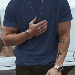 Crew Neck Casual Regular Sleeve Regular Fit Plain Short Sleeve T-Shirt, T-Shirts, color:Navyblue|size:3XL, JustFashionNow