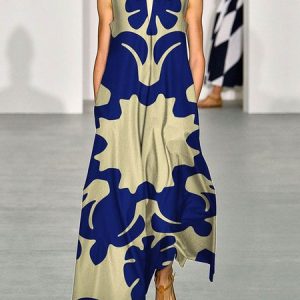 Vacation Floral V Neck Loose Pockets  Dress, Maxi Dresses, color:Blue|size:XS, Stylewe