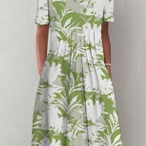 Casual Cotton Floral Loose Dress, Dresses, color:Green|size:XXL, JustFashionNow