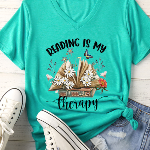 Women's Reading Is My Therapy V Neck Casual Text Letters T-Shirt, T-shirts, Lilicloth.com