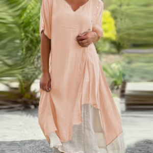 Summer Plain V Neck Button Loose Short sleeve Linen Dress, Maxi Dresses, Roselinlin - Online Catalog