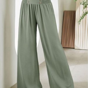 Casual Plain Natural Long Wide Leg Pants, Pants, color:Green|size:XXL, Noracora