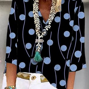 Women Striped Three Quarter Sleeve Shirt Spring/Fall V Neck Daily Casual Top, JustFashionNow Blouses, color:Blue|size:XS,