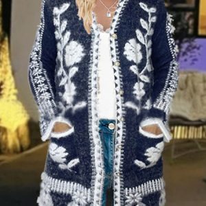 Women Yarn/Wool Yarn Floral Long Sleeve Comfy Casual Cardigan, Cardigans, color:Navy Blue|size:XL, Noracora