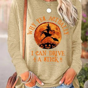Women's Yes I Can Drive A Stick Halloween Funny Graphic Cotton-blend Long Sleeve T-shirt, color:Khaki|size:3XL, Lilicloth.com