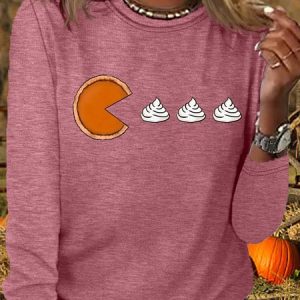 Women's Casual Pumpkin Pie Thanksgiving Shirt, color:Pink|size:3XL, Lilicloth.com