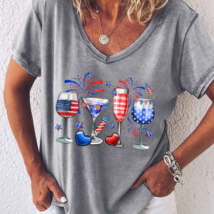 Women's American Flag Red Wine Blue Independence Day Simple V Neck T-Shirt, color:Gray|size:3XL, Lilicloth.com