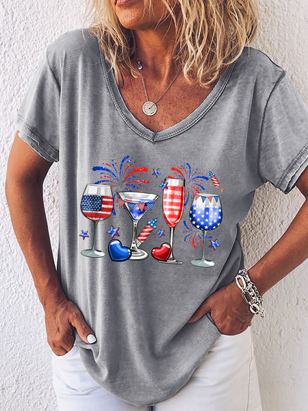Women's American Flag Red Wine Blue Independence Day Simple V Neck T-Shirt, color:Gray|size:3XL, Lilicloth.com