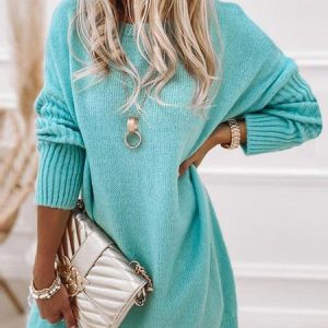 Crew Neck Plain Casual Dress, Dresses, color:Blue|size:XXL, JustFashionNow