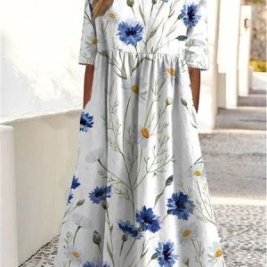 Women's Breathable Comfortable Floral Print Casual Loose Dress, Maxi, color:flower|size:5XL, Noracora
