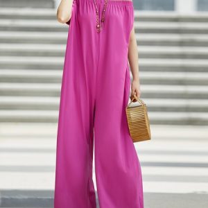 Loose Cold Shoulder Casual Plain Jumpsuit, Jumpsuits, color:Purple|size:XXL, Stylewe