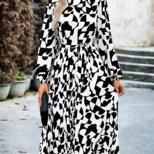 Women Geometric Stand Collar Long Sleeve Comfy Casual Midi Dress, Midi, color:Black|size:XL, Noracora