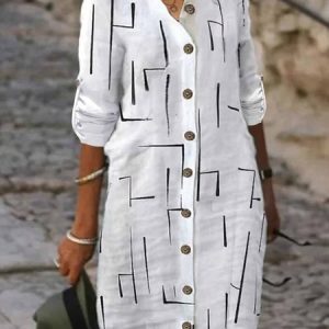 Buttoned Casual Geometric V Neck Dress, Dresses, color:White|size:XXL, JustFashionNow