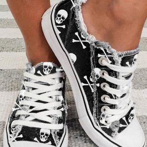 Halloween Black Skull Printed Distressed Lace Up Sneaker, color:Black|size:43, Lilicloth.com