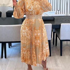 Plus Size Regular Fit Elegant Floral Long sleeve Dress With No Belt, Plus Dresses, color:Light Orange|size:4X, Stylewe