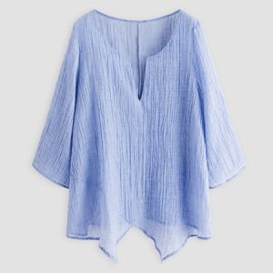 Women's V Neck Linen Solid Summer Blouse, Blouses, color:Blue|size:XXL, Noracora
