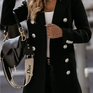 Lapel Collar Long Sleeve Plain Buckle Heavyweight Regular Fit Coat For Women, Coats, color:Black|size:XXL, Noracora