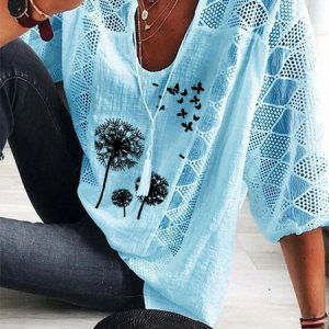 JFN V Neck Dandelion Loose Top, Shirts & Blouses, color:Blue|size:XXL, JustFashionNow