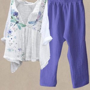 Cotton And Linen Butterfly Casual Regular Fit Two-Piece Set, Suit Set, color:Purple|size:XXL, JustFashionNow