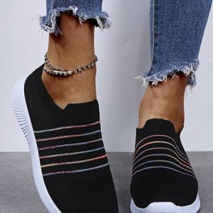 Breathable Striped Slip On Flyknit Sneakers, Sneakers, color:Black|size:44, JustFashionNow