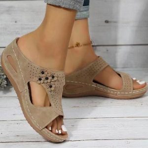 Women's Hollow out Applique Slip On Platform Wedge Sandals Summer Casual Sandals Walking Shoes, color:Beige|size:43, Lilicloth.com