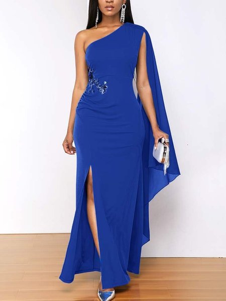 Solid Side Slit Skew Neck Long Sleeve Dress, Maxi Dresses, color:Blue|size:XXL, Stylewe