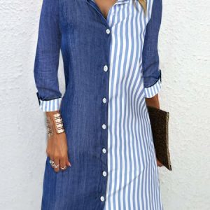 Women Striped Shirt Collar Long Sleeve Comfy Casual Buckle Midi Dress, Short, color:Blue|size:XXL, catalog Noracora shop