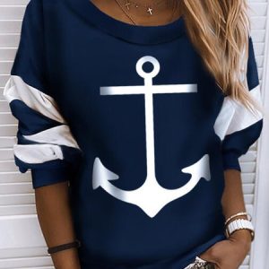 JFN Women Anchor Long Sleeve Crew Neck Sweatshirt, Sweatshirts & Hoodies, color:Dark Blue|size:XXL, JustFashionNow