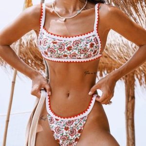 Vacation Floral Printing Scoop Neck Bikini, Bikini Sets, color:Red|size:L, Stylewe