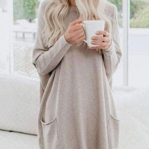 Casual Loose Knit Comfortable Long Sleeve Dress, Dresses, color:Apricot|size:XXL, JustFashionNow