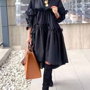 Loose Lotus Leaf Collar Plain Urban Dress, Midi Dresses, color:Black|size:XXL, Stylewe