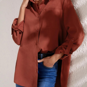 Casual Button Front Split Hem Shirt, Shirts & Blouses, color:Brown|size:XXL, JustFashionNow
