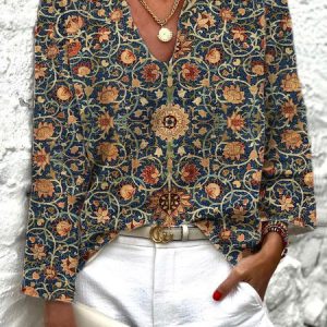 Casual V Neck Ethnic Shirt, Shirts & Blouses, color:CAMEO BROWN|size:XXL, JustFashionNow