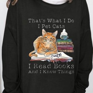 Women's That What I Do Funny Cat And Book Lover Print Casual Crew Neck Sweatshirt, color:Black|size:3XL, Lilicloth.com