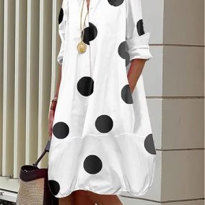 Polka Dots Loose Casual Shawl Collar Dress, Dresses, color:White|size:XXL, JustFashionNow