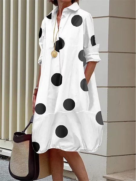 Polka Dots Loose Casual Shawl Collar Dress, Dresses, color:White|size:XXL, JustFashionNow