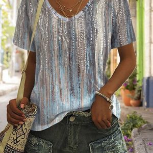 Summer Abstract Casual V Neck T-Shirt, T-Shirts, color:Blue|size:XXL, JustFashionNow