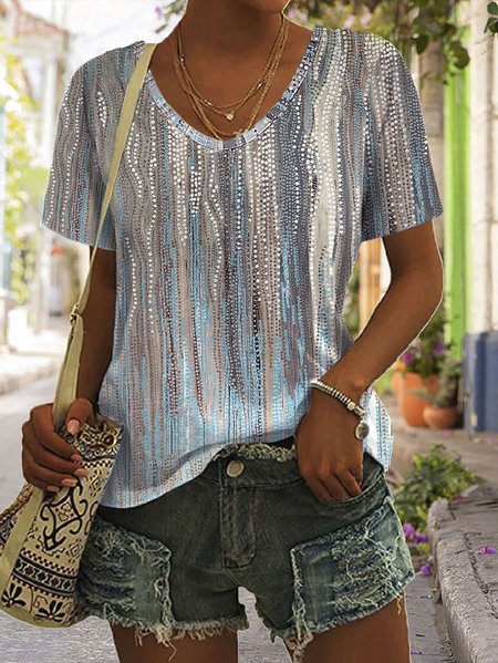 Summer Abstract Casual V Neck T-Shirt, T-Shirts, color:Blue|size:XXL, JustFashionNow