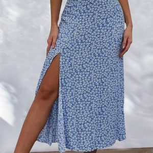 Disty Floral Boho Regular Fit Skirt, Skirts, color:Deep Blue|size:XXL, Noracora