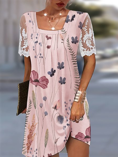 Square Neck Lace Casual Floral Loose Dress, Dresses, color:Pink|size:XXL, JustFashionNow