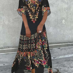 Tribal Casual Short Sleeve V neck Dress, Maxi, color:Black|size:XXL, Noracora