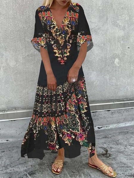 Tribal Casual Short Sleeve V neck Dress, Dresses, color:Black|size:XXL, JustFashionNow