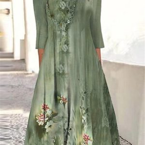 Casual Loose Floral Crew Neck Dress With No, Dresses, color:Green|size:XXL, JustFashionNow