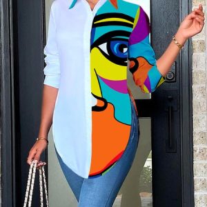 Urban Shirt Collar Abstract Regular Fit Blouse, Blouses and Shirts, color:As Picture|size:XXL, Stylewe