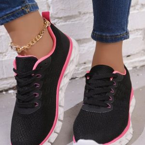 Contrast Color Casual Shock-absorbing High-elastic Flying Woven Dneakers, Sneakers, color:Black|size:43, JustFashionNow