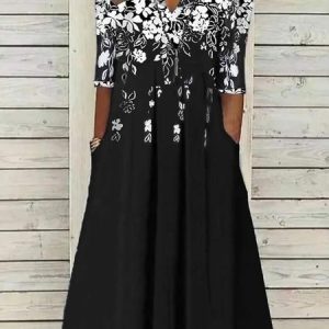 Casual Loose Ruched Floral Dress, Dresses, color:Black|size:4X, JustFashionNow