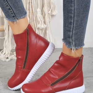 Red Pleated Side Zipper Casual Portable Booties, Boots, color:Red|size:43, JustFashionNow