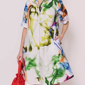 Shirt Collar Loose Abstract Print Shirt Dress, Mini Dresses, color:White|size:XXL, Stylewe
