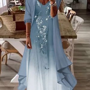 Women's Shift Dress Maxi Dress half Sleeve Floral Print Spring Summer 2PCS V Neck Casual Dress, Casual Dresses, color:Blue|size:XXL, JustFashionNow